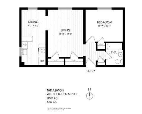 Floor plan for 1 bed, 1 bath, 605 sqft
